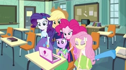 Size: 1100x618 | Tagged: safe, screencap, applejack, fluttershy, pinkie pie, rarity, twilight sparkle, equestria girls, equestria girls (movie), bedroom eyes, book, boot, bracelet, chair, chalkboard, classroom, clothes, computer, door, eyes closed, incomplete twilight strong, jewelry, pinkie pie laptop, raised leg, skirt, table, television