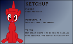 Size: 3876x2329 | Tagged: safe, artist:badumsquish, derpibooru exclusive, oc, oc only, food pony, original species, pony, bio, condiment pony, female, food, gradient background, grin, happy, ketchup, looking at you, open mouth, ponified, sauce, sitting, smiling, solo