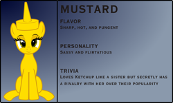 Size: 3876x2329 | Tagged: safe, artist:badumsquish, derpibooru exclusive, oc, oc only, food pony, original species, pony, bedroom eyes, bio, condiment pony, female, flirty, food, gradient background, looking at you, mustard, ponified, sauce, sitting, smiling, solo