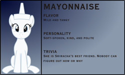 Size: 3876x2329 | Tagged: safe, artist:badumsquish, derpibooru exclusive, oc, oc only, food pony, original species, pony, bio, condiment pony, female, food, gradient background, looking at you, mayonnaise, ponified, sauce, sitting, smiling, solo