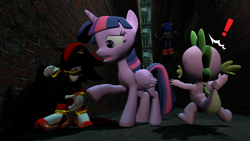 Size: 1366x768 | Tagged: safe, artist:migueruchan, spike, twilight sparkle, twilight sparkle (alicorn), alicorn, dragon, pony, 3d, crossover, gmod, metal sonic, shadow the hedgehog, sonic the hedgehog (series)