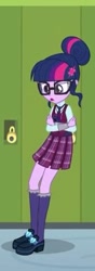 Size: 168x480 | Tagged: safe, screencap, sci-twi, twilight sparkle, equestria girls, friendship games, clothes, cropped, crossed arms, crystal prep academy uniform, glasses, lockers, magic capture device, sad, school uniform, shoes, skirt, socks, solo