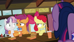 Size: 1366x768 | Tagged: safe, screencap, apple bloom, scootaloo, sweetie belle, twilight sparkle, twilight sparkle (alicorn), alicorn, pony, twilight time, :, annoyed, burger, cutie mark crusaders, drink, food, french fries, hay burger, hay fries, out of context, startled