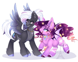 Size: 1024x819 | Tagged: safe, artist:pvrii, oc, oc only, oc:luminary lust, oc:starry nights, bat pony, pegasus, pony, chest fluff, female, jewelry, male, mare, necklace, simple background, stallion, transparent background
