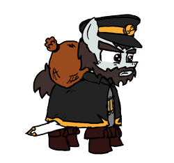 Size: 640x600 | Tagged: safe, artist:ficficponyfic, color edit, edit, oc, oc only, oc:venator, pony, adult, arrow, bag, beard, boots, bush, clothes, color, colored, colt quest, demon hunter, emblem, facial hair, forest, hat, male, overcoat, sack, solo, stallion, story included, sword, weapon