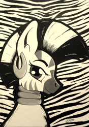 Size: 2282x3259 | Tagged: safe, artist:mrpenceaul, zecora, zebra, black and white, bust, grayscale, looking at you, monochrome, portrait, solo, stripes, traditional art
