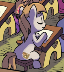 Size: 692x775 | Tagged: safe, artist:tonyfleecs, idw, scootaloo, pony, from the shadows, spoiler:comic, spoiler:comic52, cropped, disturbing cutie mark, foal, implied ponies eating meat, official comic, unnamed character, unnamed pony