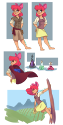 Size: 1024x2023 | Tagged: safe, artist:joan-grace, apple bloom, human, apple bloom's bow, barefoot, bow, cape, clothes, cmc cape, cute, feet, female, hair bow, humanized, potion, skirt, solo, toes, tree