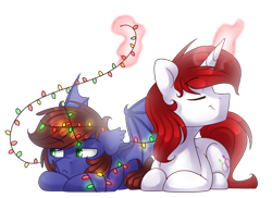 Size: 1023x746 | Tagged: safe, artist:starlyflygallery, oc, oc only, oc:frozen blade, oc:warly, bat pony, pony, unicorn, :<, christmas lights, cute, floppy ears, frown, gay, grumpy, levitation, looking away, magic, male, nose wrinkle, prone, simple background, smiling, spread wings, tangled up, telekinesis, transparent background, unamused