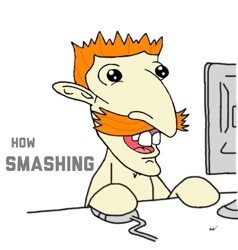 Size: 651x683 | Tagged: safe, artist:pizzamovies, oc, oc only, oc:pizzamovies, pony, chest fluff, computer, computer mouse, lightly watermarked, meme, nigel thornberry, not gallop j. fry, ponified, reaction image, simple background, solo, watermark