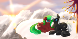 Size: 6000x3000 | Tagged: safe, artist:falcotte, oc, oc only, earth pony, pegasus, pony, absurd resolution, alps, colt, couple, cute, female, filly, male, mountain, shipping, straight, sunset, swiss, switzerland, two, unshorn fetlocks