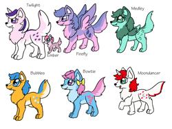 Size: 1024x768 | Tagged: safe, artist:usagi-zakura, bow tie (g1), bubbles (g1), ember (g1), firefly, medley, moondancer (g1), twilight, wolf, g1, rescue at midnight castle, my little wolf, species swap