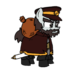 Size: 640x600 | Tagged: safe, artist:ficficponyfic, color edit, edit, oc, oc only, oc:venator, pony, adult, arrow, bag, beard, boots, bush, clothes, color, colored, colt quest, demon hunter, emblem, facial hair, forest, hat, male, overcoat, sack, solo, stallion, story included, sword, weapon