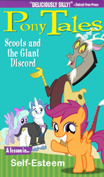 Size: 483x820 | Tagged: artist needed, safe, edit, discord, scootaloo, draconequus, pegasus, pony, unicorn, series:pony tales, crossover, female, filly, male, mare, parody, stallion, veggietales