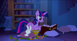 Size: 1360x730 | Tagged: safe, screencap, angel bunny, twilight sparkle, twilight sparkle (alicorn), alicorn, pony, castle mane-ia, book, carrot, cup, food, pillow, prone