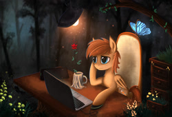 Size: 1500x1021 | Tagged: safe, artist:atlas-66, oc, oc only, oc:atlas, butterfly, pegasus, pony, computer, computer mouse, cup, flower, forest, laptop computer, rain, rose, sad, scenery, solo