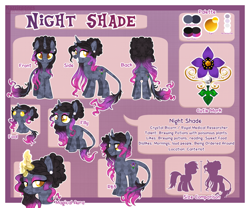 Size: 1024x853 | Tagged: safe, artist:kazziepones, oc, oc only, oc:night shade, bicorn, crystal pony, pony, baby, baby pony, crystal unicorn, female, filly, magic, male, mare, plot, reference sheet, rule 63, stallion