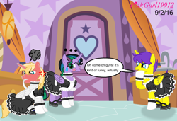 Size: 4076x2792 | Tagged: safe, artist:cinnamon-swirls, oc, oc only, oc:orion galaxy, oc:paladin knight, oc:velvet shade, alicorn, pony, alicorn oc, clothes, crossdressing, dialogue, embarrassed, kindverse, maid, offspring, parent:flash sentry, parent:good king sombra, parent:king sombra, parent:princess cadance, parent:princess celestia, parent:shining armor, parent:twilight sparkle, parents:celestibra, parents:flashlight, parents:shiningcadance, red face, sweat, sweating profusely