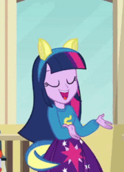 Size: 242x336 | Tagged: safe, screencap, cloudy kicks, heath burns, teddy t. touchdown, tennis match, twilight sparkle, equestria girls, equestria girls (movie), animated, blinking, cafeteria, canterlot high, clothes, cutie mark clothes, eyes closed, gif, helping twilight win the crown, infinite loop, singing, skirt, sweater, table, wondercolts, wondercolts uniform
