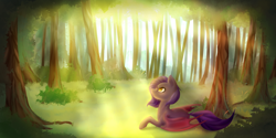 Size: 1024x512 | Tagged: safe, artist:isorrayi, oc, oc only, bat pony, pony, crepuscular rays, female, forest, mare, prone, solo, tree