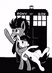 Size: 4807x6788 | Tagged: safe, artist:mrpenceaul, doctor whooves, roseluck, pony, absurd resolution, bipedal, bipedal leaning, doctor who, leaning, monochrome, tardis, traditional art, x x everywhere