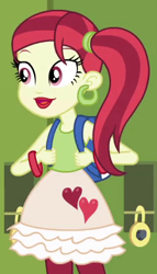 Size: 225x394 | Tagged: safe, screencap, rose heart, equestria girls, background human, backpack, bracelet, clothes, ear piercing, earring, jewelry, lockers, piercing, side ponytail, skirt, solo, tanktop