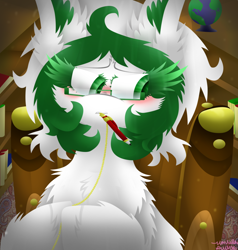 Size: 1024x1076 | Tagged: safe, artist:vanillaswirl6, oc, oc only, oc:saxony, earth pony, pony, blushing, book, bookshelf, chair, cheek fluff, chest fluff, colored eyelashes, colored pupils, curly hair, dust particles, ear fluff, female, floor, fluffy, german, germany, glasses, globe, green eyes, hoof hold, librarian, library, looking down, messy mane, mouth hold, nervous, nose wrinkle, pen, saxony, shading, signature, sitting, solo, vanillaswirl6's state ponies