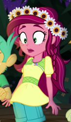 Size: 419x719 | Tagged: safe, screencap, gloriosa daisy, snails, snips, equestria girls, legend of everfree, flower, flower in hair, magical geodes, solo focus