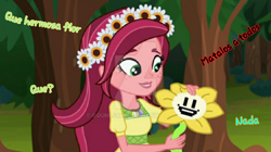 Size: 1024x572 | Tagged: safe, artist:gloriosa-everfree, edit, edited screencap, screencap, gloriosa daisy, equestria girls, crossover, flowey, spanish, translated in the comments, undertale, watermark