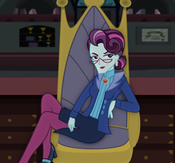 Size: 2504x2328 | Tagged: artist needed, safe, principal abacus cinch, equestria girls, friendship games, beauty mark, clothes, cougar, crossed legs, ear piercing, earring, female, glasses, jewelry, legs, lidded eyes, lipstick, looking at you, makeup, piercing, scheming, sexy, sitting, smiling, solo, stupid sexy cinch