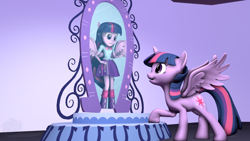 Size: 1024x576 | Tagged: safe, artist:neon-ns, twilight sparkle, twilight sparkle (alicorn), alicorn, pony, equestria girls, 3d, clothes, duality, human ponidox, leg warmers, magic mirror, ponied up, scene interpretation, self paradox, self ponidox, skirt, source filmmaker