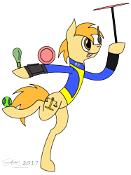 Size: 2300x3067 | Tagged: safe, artist:derpanater, oc, oc only, oc:"o" orange peel, fallout equestria, balancing, cutie mark, flask, pipbuck, plate, ponies balancing stuff on their nose, simple background, solo, standing, standing on one leg, tennis ball, transparent background, vault suit