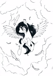 Size: 2409x3436 | Tagged: safe, artist:lilapudelpony, oc, oc only, oc:lucky doodle, pegasus, pony, black and white, grayscale, ink, inktober, inktober 2016, monochrome, sky, solo, spread wings, traditional art