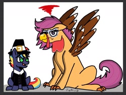 Size: 1858x1397 | Tagged: safe, artist:pimpartist101, scootaloo, oc, oc:prism bolt, pegasus, pony, animal costume, annoyed, claws, clothes, colt, costume, cute, cutealoo, female, floppy ears, frown, glare, grumpy, hat, implied rumbloo, kilalaverse, lidded eyes, looking at you, looking up, male, mare, next generation, offspring, older, older scootaloo, open mouth, parent:rainbow dash, parent:soarin', parents:soarindash, pilgrim hat, pilgrim outfit, scootachicken, scootaturkey, smiling, thanksgiving, turkey, unamused