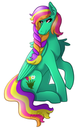 Size: 1126x1800 | Tagged: safe, artist:kikirdcz, oc, oc only, pegasus, pony, art trade, braid, female, hoers, looking back, mare, multicolored hair, raised hoof, simple background, sitting, smiling, solo, transparent background