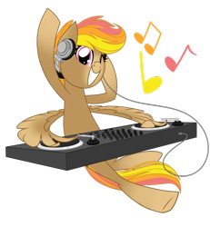 Size: 1024x1106 | Tagged: safe, artist:kellythedrawinguni, oc, oc only, oc:mocha sunrise, pegasus, pony, female, headphones, mare, music notes, one eye closed, simple background, solo, transparent background, turntable, wing hands, wink