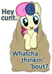 Size: 752x1061 | Tagged: safe, artist:phucknuckl, part of a set, bon bon, sweetie drops, earth pony, pony, hey cunt whatcha thinkin' 'bout?, i didn't put those in my bag, simple background, solo, transparent background, vector, vulgar