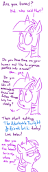 Size: 540x1932 | Tagged: safe, artist:adorkabletwilightandfriends, twilight sparkle, twilight sparkle (alicorn), alicorn, pony, adorkable twilight, comic, dialogue, fandom, lidded eyes, narrator, offscreen character, open mouth, simple background, slice of life, solo, wikia