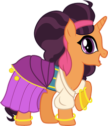 Size: 1001x1171 | Tagged: safe, artist:cloudyglow, saffron masala, pony, unicorn, clothes, clothes swap, cosplay, costume, crossover, cute, disney, dress, esmeralda, female, hunchback of notre dame, looking at you, mare, open mouth, raised hoof, saffronbetes, simple background, smiling, solo, transparent background, vector
