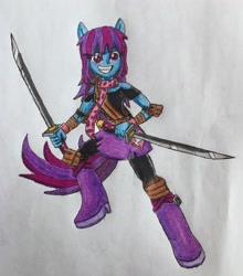 Size: 2356x2681 | Tagged: safe, artist:bozzerkazooers, mystery mint, equestria girls, background human, boots, high heel boots, katana, ponied up, solo, sword, traditional art, weapon