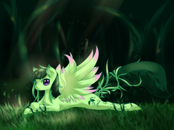 Size: 800x600 | Tagged: safe, artist:qiluo soul, oc, oc only, pegasus, plant pony, pony, female, forest, leaf wings, mare, monster mare, pixiv, prone, solo