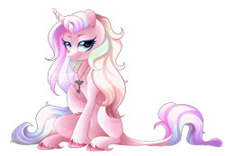 Size: 2353x1634 | Tagged: safe, artist:scarlet-spectrum, oc, oc only, pony, unicorn, cloven hooves, female, lidded eyes, long tail, looking at you, mare, multicolored hair, simple background, smiling, solo, transparent background