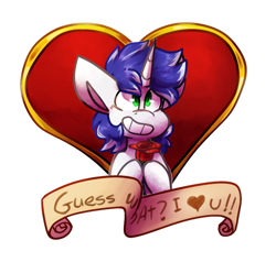 Size: 1024x1017 | Tagged: safe, artist:crownedspade, oc, oc only, oc:vocal score, pony, unicorn, banner, flower, heart, male, rose, simple background, solo, stallion, transparent background, valentine, valentine's day