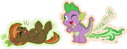 Size: 1280x501 | Tagged: safe, artist:serenamidori, button mash, spike, dragon, earth pony, pony, colt, eyes closed, fart, fart joke, fart noise, fire, fire fart, laughing, male, on back, one eye closed, onomatopoeia, simple background, sound effects, transparent background