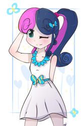 Size: 666x1000 | Tagged: safe, artist:windymils, bon bon, sweetie drops, equestria girls, clothes, cute, dress, looking at you, one eye closed, ponytail, smiling, solo, wink