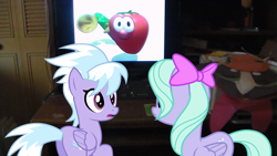 Size: 1696x954 | Tagged: safe, cloudchaser, flitter, pegasus, pony, bob the tomato, bow, duo, female, frown, hair bow, irl, looking at each other, looking at you, looking back, mare, open mouth, photo, ponies in real life, raised leg, sisters, smiling, television, veggietales