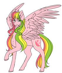 Size: 1200x1423 | Tagged: safe, artist:cinnamonsparx, oc, oc only, oc:fancy fruit, pegasus, pony, chest fluff, ear fluff, female, fluffy, large wings, lidded eyes, looking at you, mare, raised hoof, raised leg, simple background, smiling, solo, spread wings, tongue out, transparent background, unshorn fetlocks, wing fluff, wings