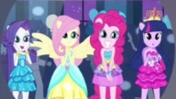 Size: 353x199 | Tagged: safe, screencap, curly winds, fluttershy, pinkie pie, rarity, some blue guy, twilight sparkle, equestria girls, equestria girls (movie), big crown thingy, fall formal, fall formal outfits, jewelry, needs more jpeg, ponied up, regalia, this is our big night, wings