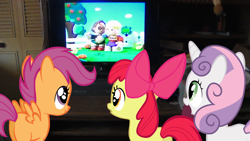 Size: 1696x954 | Tagged: safe, apple bloom, scootaloo, sweetie belle, cutie mark crusaders, fisher price little people, television