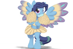 Size: 1500x1000 | Tagged: safe, artist:stillwaterspony, oc, oc only, oc:still waters, pegasus, pony, cheerleader outfit, clothes, crossdressing, cute, dyed feathers, grin, male, midriff, pleated skirt, pom pom, simple background, skirt, skirt lift, smiling, solo, stallion, standing, white background